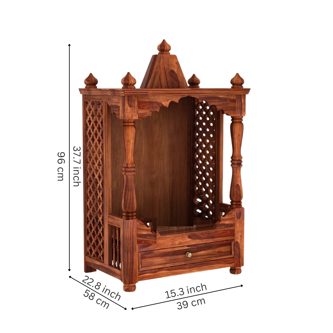 Elegant antique wooden temple with solid wood finish, carved pillars, storage drawer, and traditional home mandir design.
