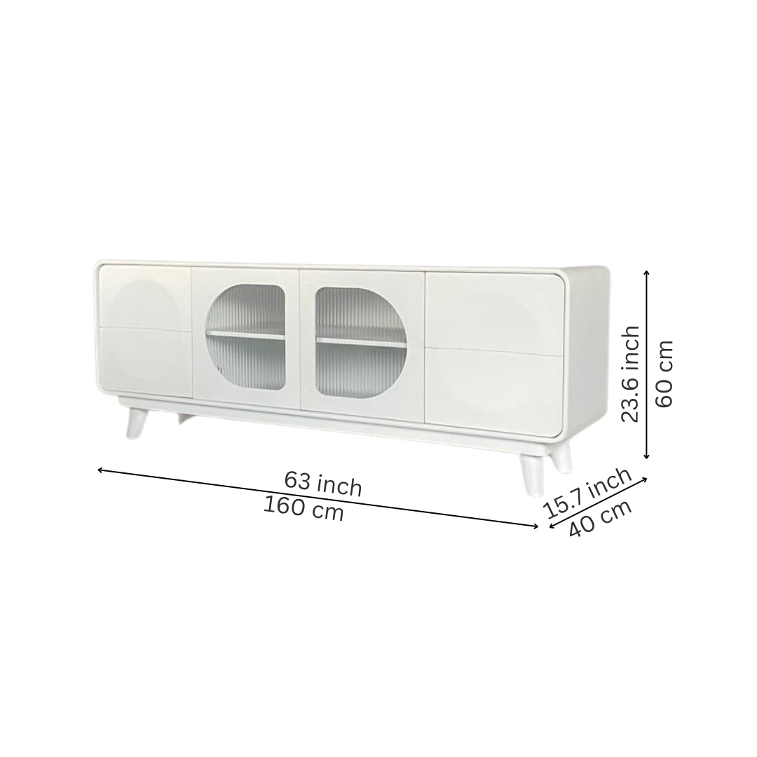 Modern White Capsule TV Unit with Fluted Glass Doors
