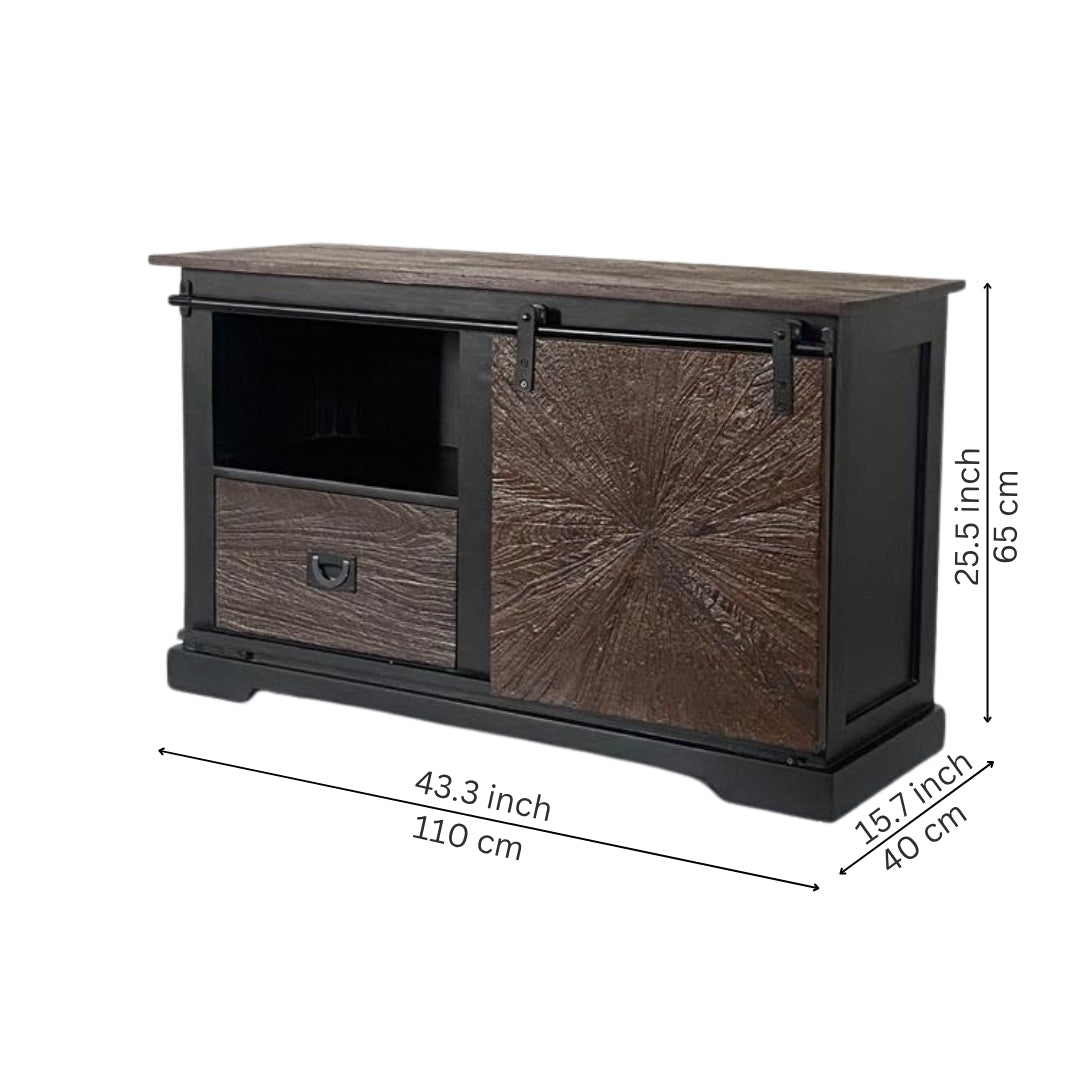 Rustic Sunburst Carved Sideboard with Sliding Barn Door