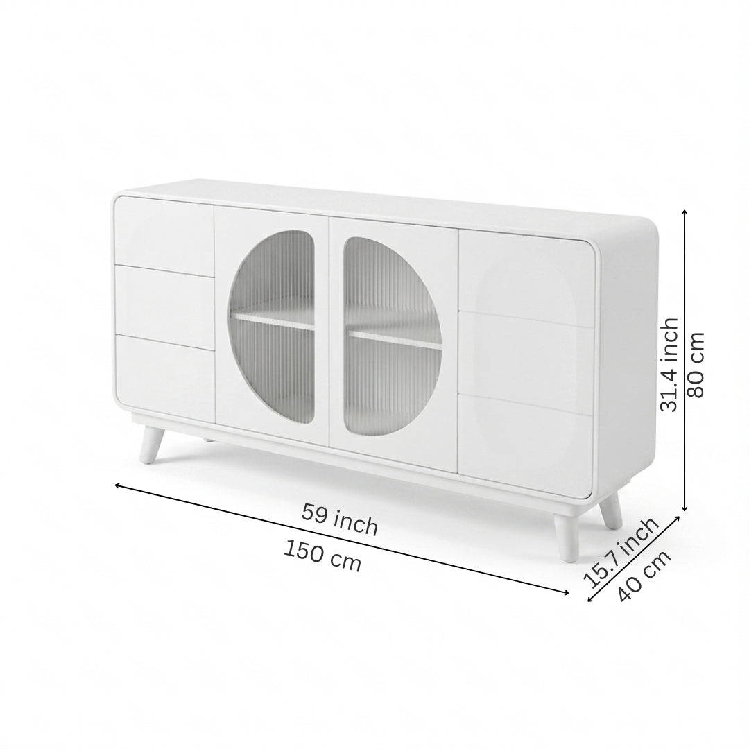 Modern White Capsule Sideboard with Fluted Glass Doors and Drawers