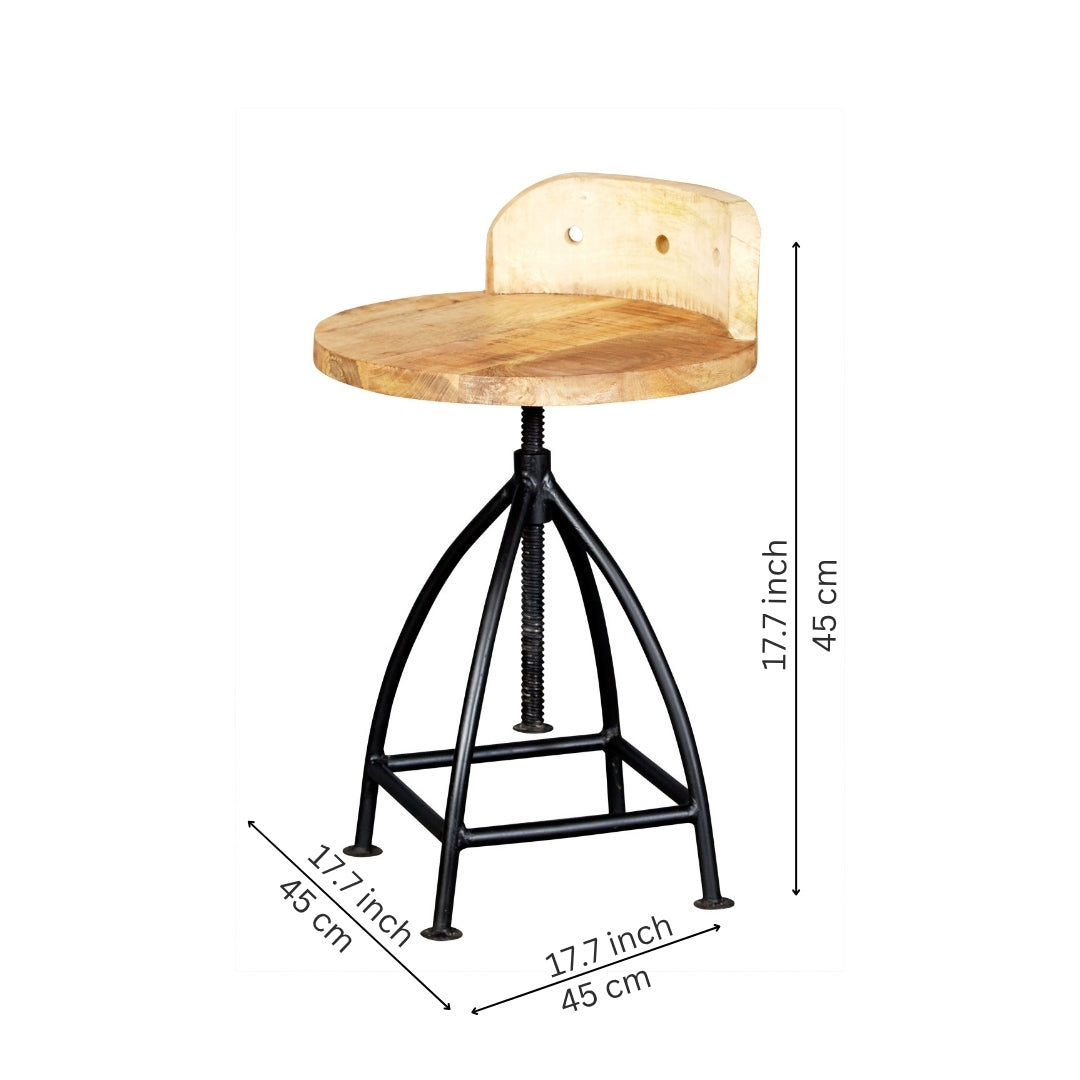 Industrial Adjustable Swivel Bar Stool with Curved Wooden Backrest