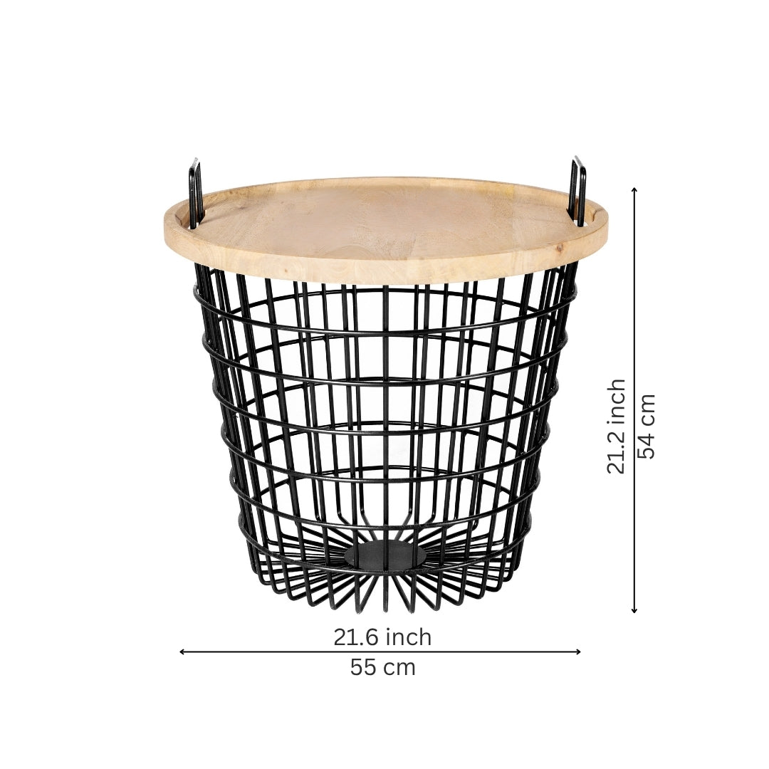 Modern Round Wire Basket Storage Side Table with Wood Tray Top