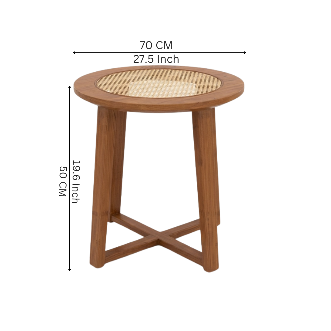 Round Wood & Rattan Side Table