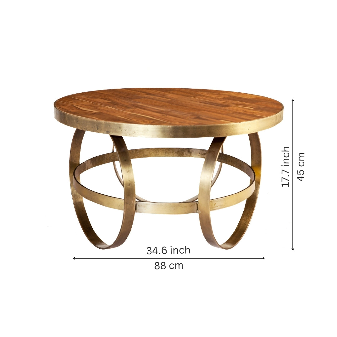 Modern Round Wooden Coffee Table with Brass Hoop Base