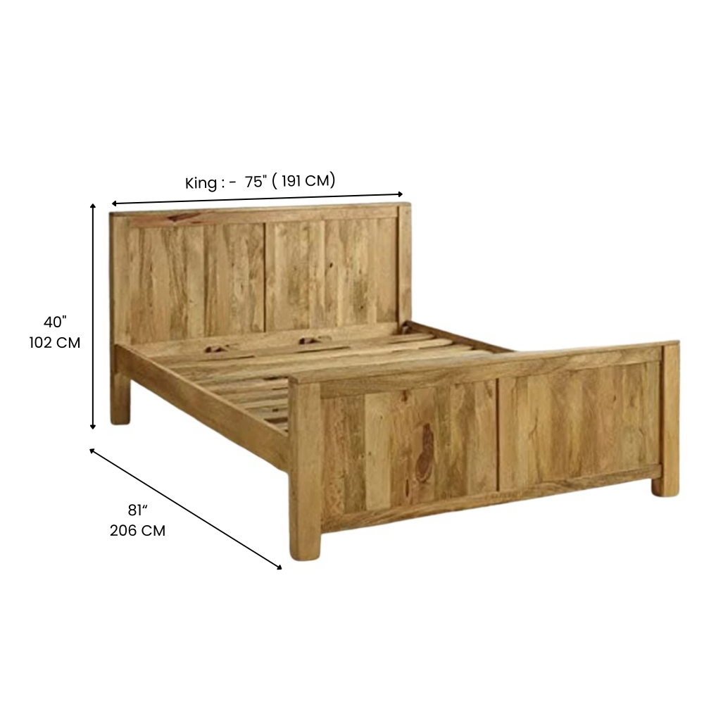 Solid Mango Wood Bed with Headboard & Footboard – Natural Finish Wooden Double Bed Frame