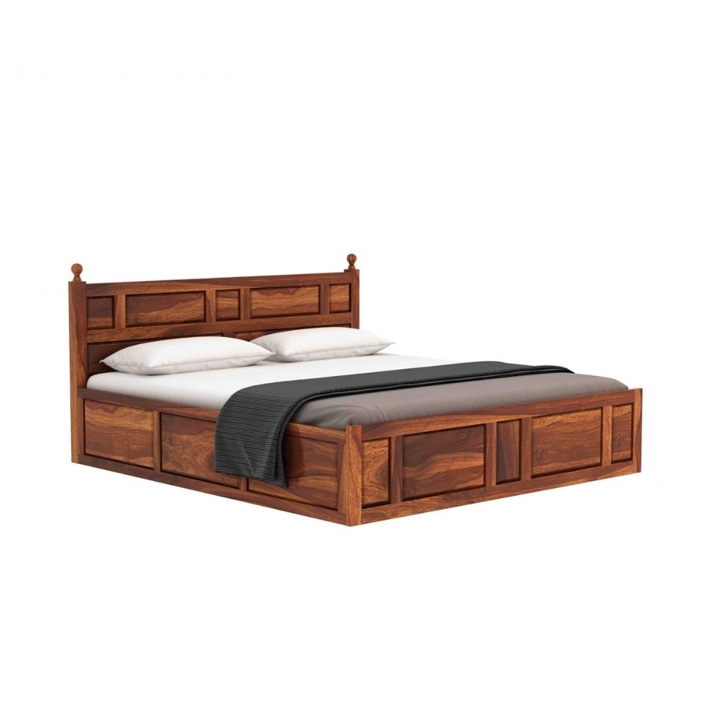 Elegant Wooden Bed Made of Acacia Wood & Plywood – Teak Polish, Strong Construction & Timeless Appeal – Available in King & Queen Sizes