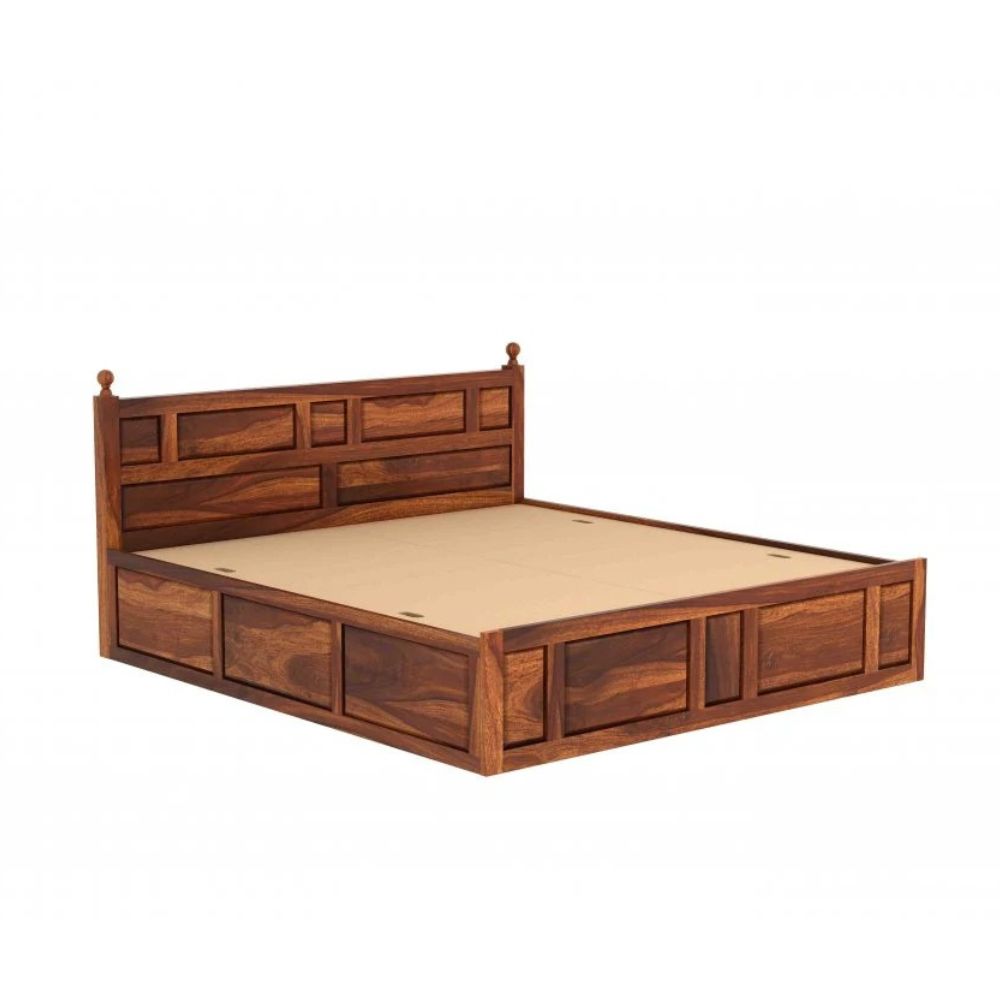 Elegant Wooden Bed Made of Acacia Wood & Plywood – Teak Polish, Strong Construction & Timeless Appeal – Available in King & Queen Sizes