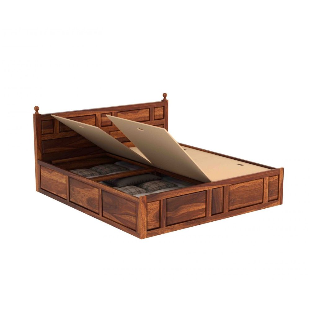 Elegant Wooden Bed Made of Acacia Wood & Plywood – Teak Polish, Strong Construction & Timeless Appeal – Available in King & Queen Sizes