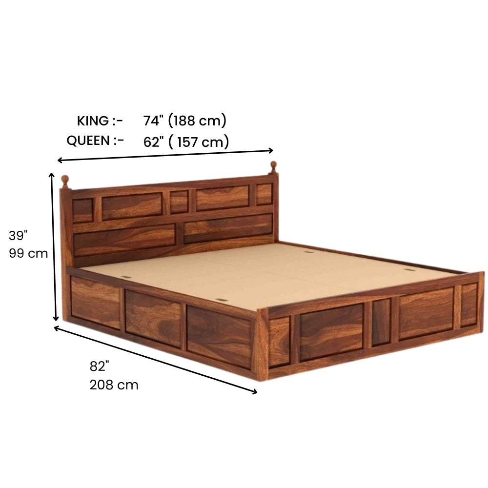 Elegant Wooden Bed Made of Acacia Wood & Plywood – Teak Polish, Strong Construction & Timeless Appeal – Available in King & Queen Sizes