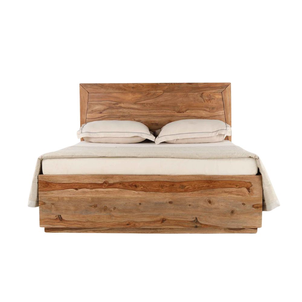 Acacia Wood Bed with Flat Panel Headboard – Natural Finish,