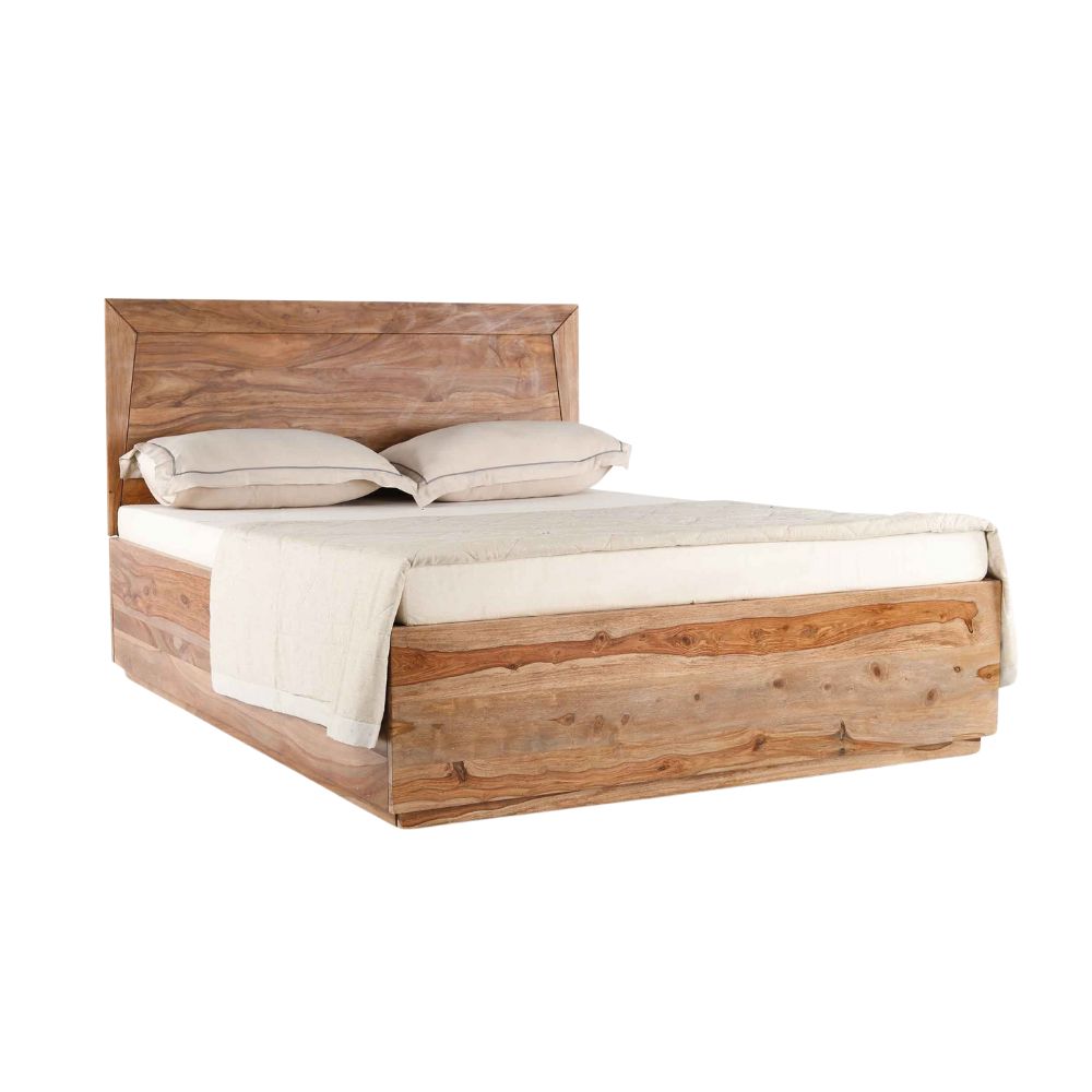 Acacia Wood Bed with Flat Panel Headboard – Natural Finish,