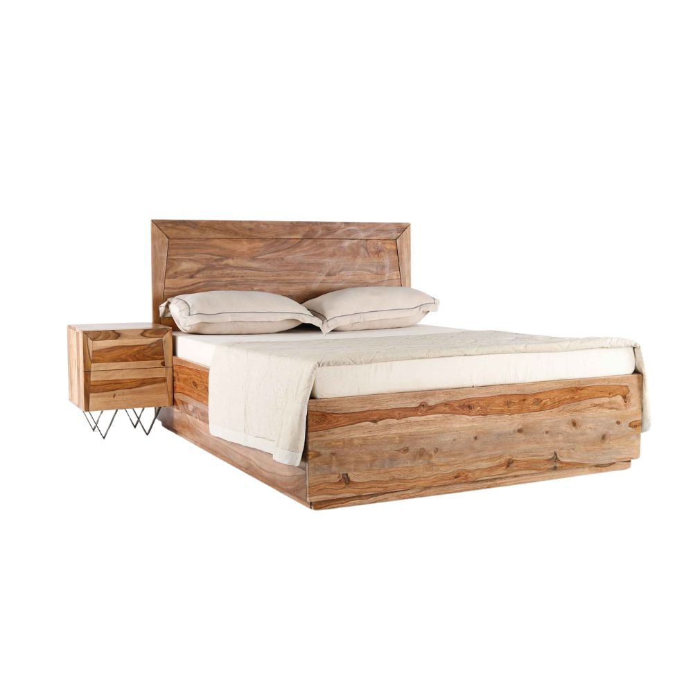 Acacia Wood Bed with Flat Panel Headboard – Natural Finish,