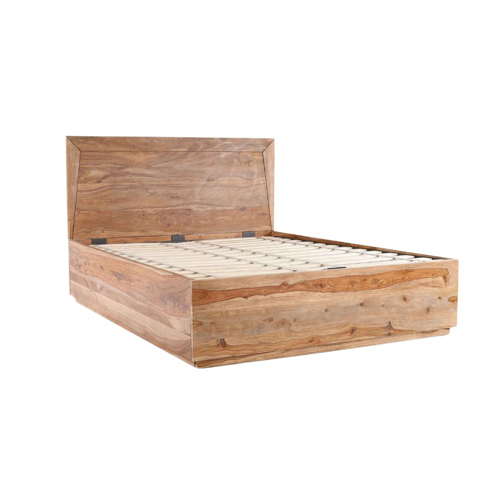 Acacia Wood Bed with Flat Panel Headboard – Natural Finish,