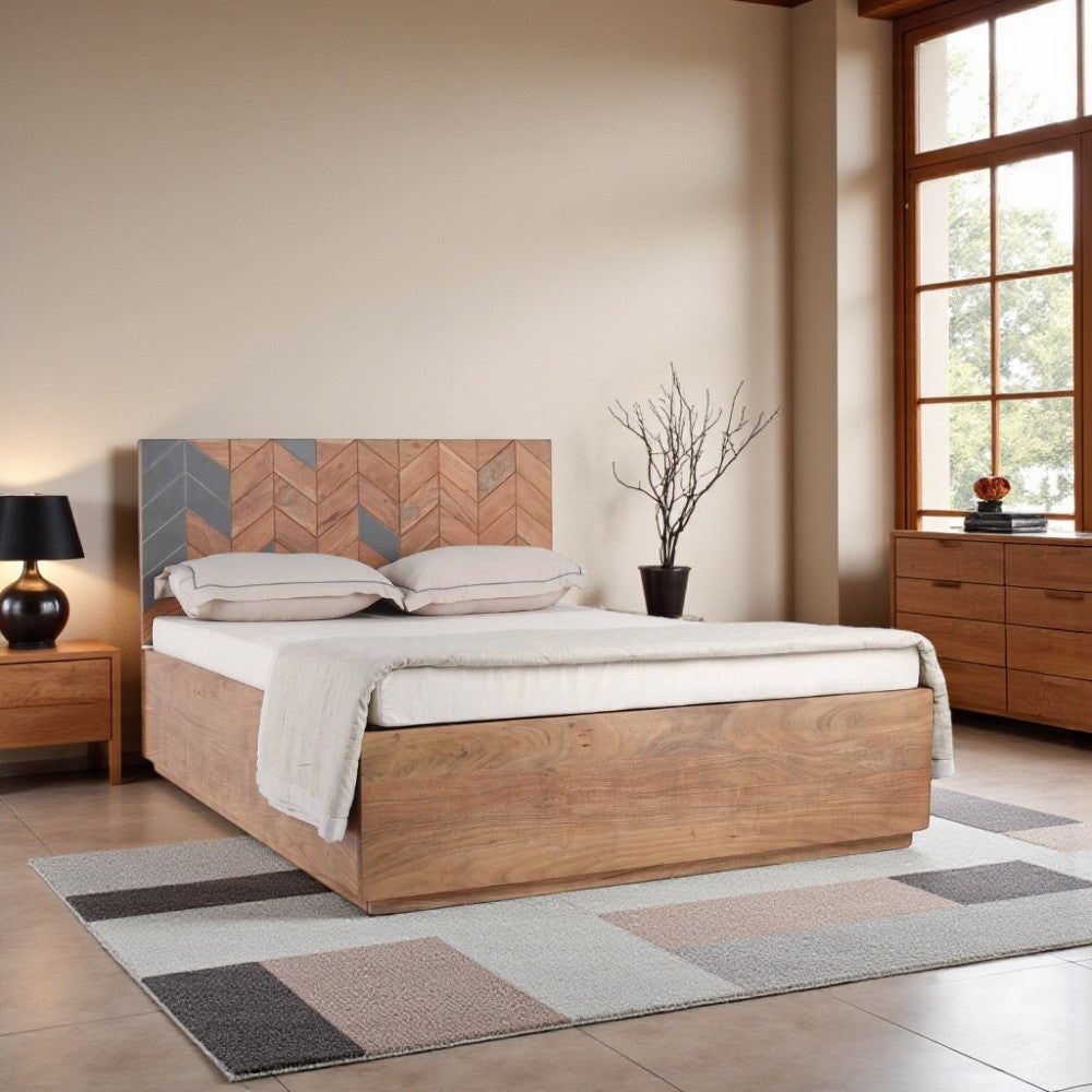Acacia Wood Bed Frame – Flat Panel Headboard, Natural Finish