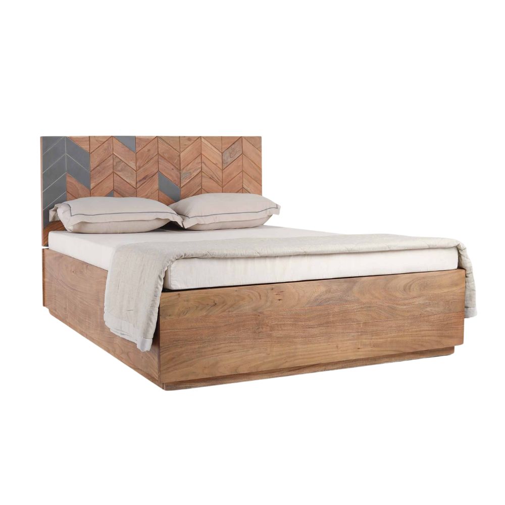 Acacia Wood Bed Frame – Flat Panel Headboard, Natural Finish