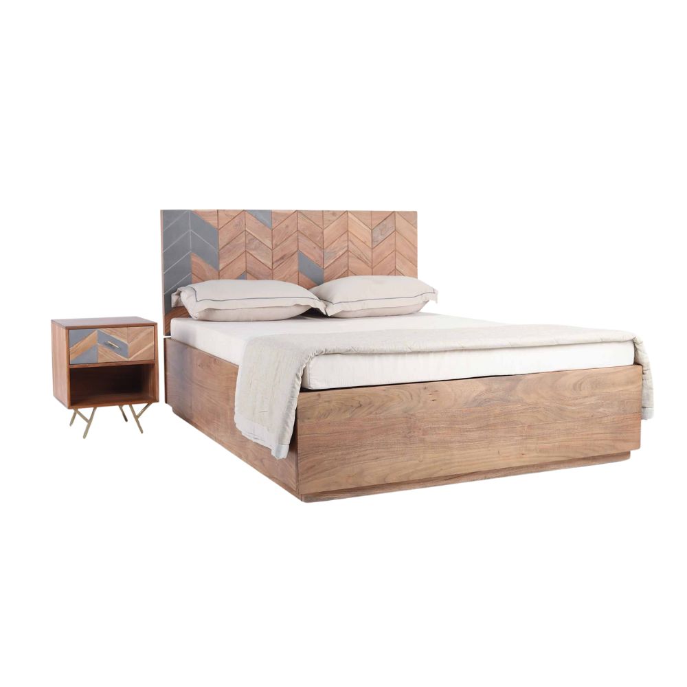 Acacia Wood Bed Frame – Flat Panel Headboard, Natural Finish
