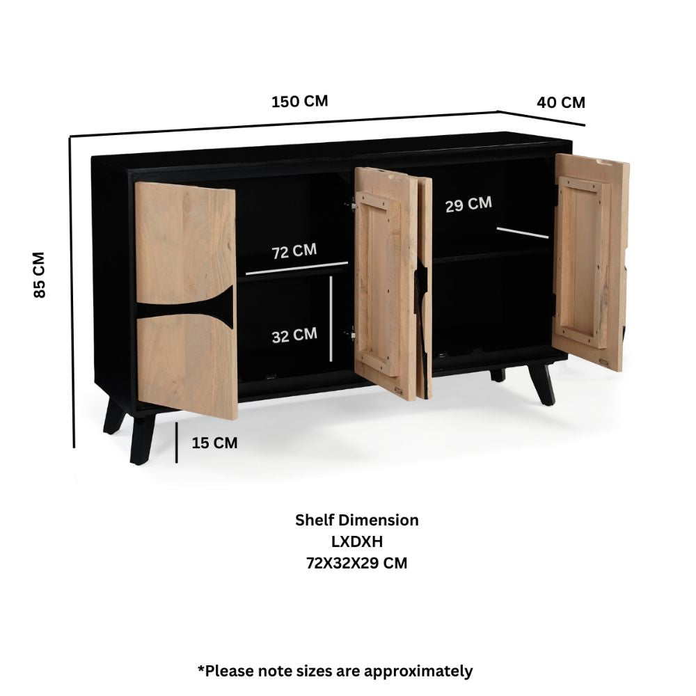 Solid Mango Wood 4 Door Sideboard Black Large