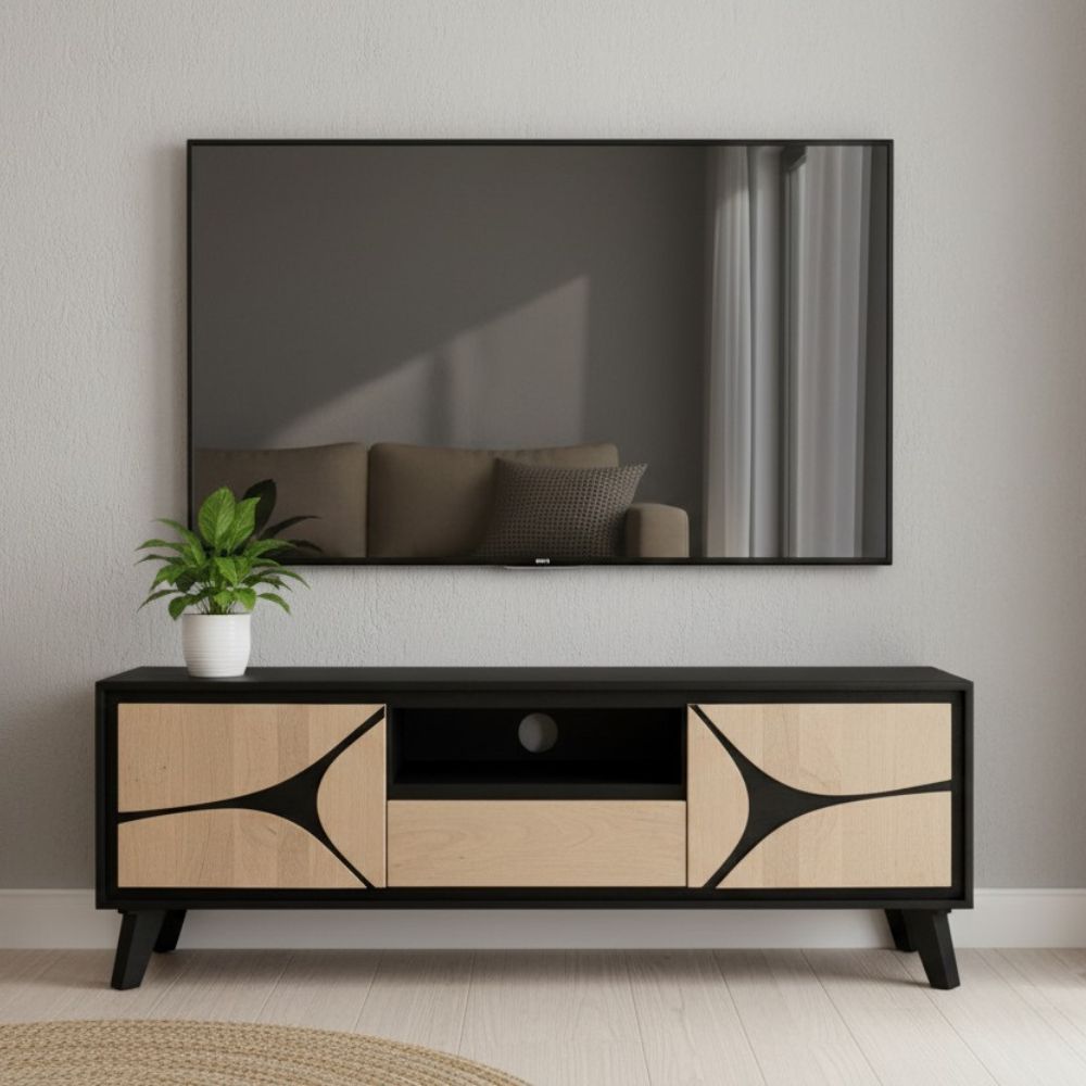 Solid Mango Wood 2 Door & 1 Drawer Tvc Black