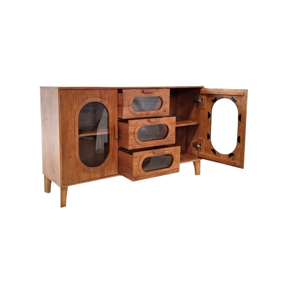 Indian Hub Solid Wood & Glass Large Sideboard