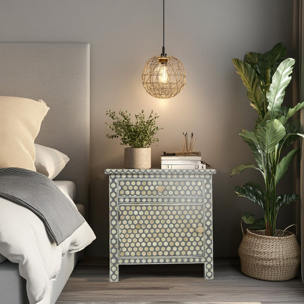 Moonlit Petal Grey Bedside Table