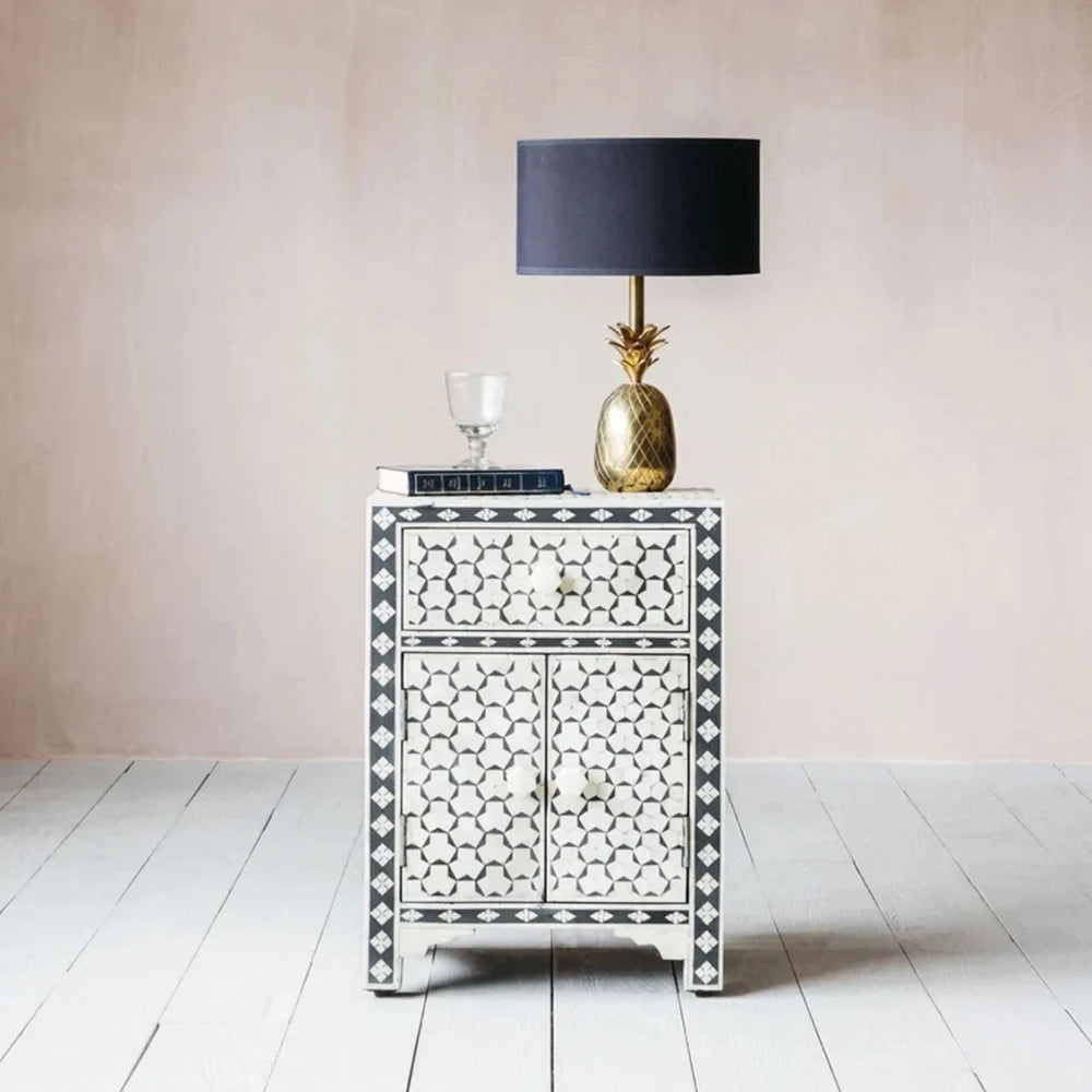 Moonlit Petal Black & White Bedside Table