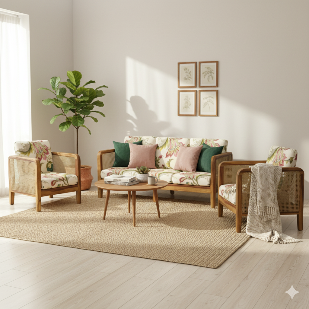 Cane Side Panes Wooden Sofa Set in 3+1+1 Seating