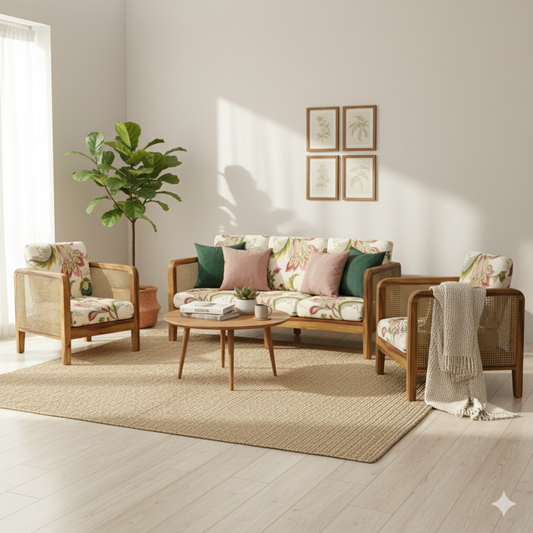 Cane Side Panes Wooden Sofa Set in 3+1+1 Seating