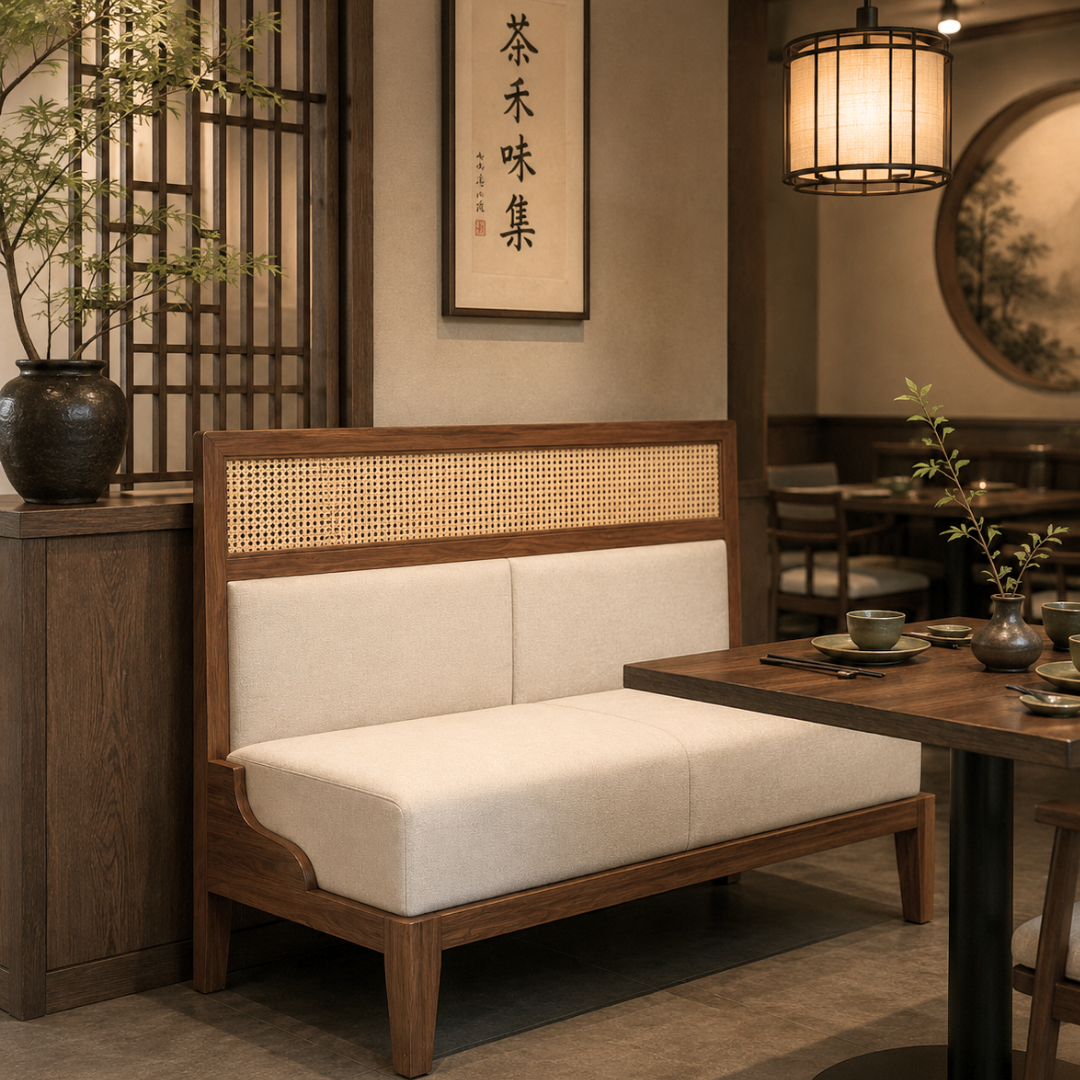Hans 2-Seater Wooden Dining Booth with Rattan Detail