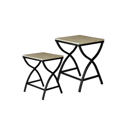 Industrial Metal & Wood Nesting Side Table Set of 2