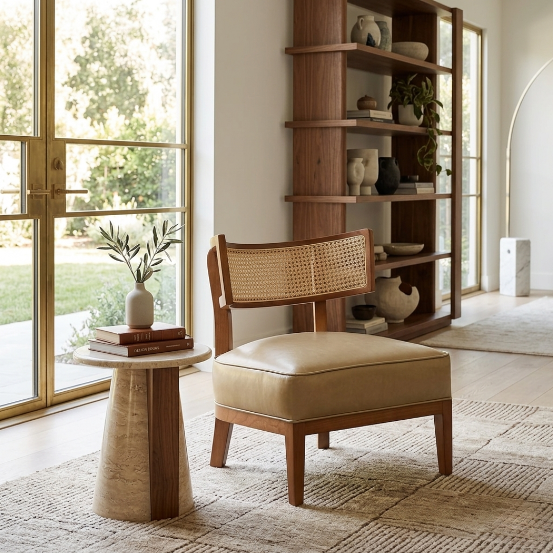 Natural Rattan Low Back Leather Beige Lounge Accent Chair