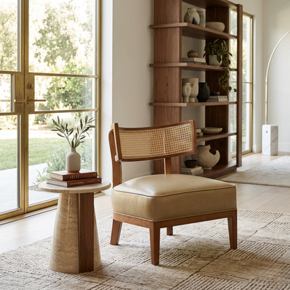 Natural Rattan Low Back Leather Beige Lounge Accent Chair