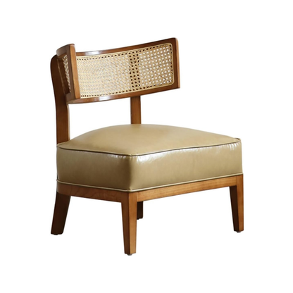 Natural Rattan Low Back Leather Beige Lounge Accent Chair