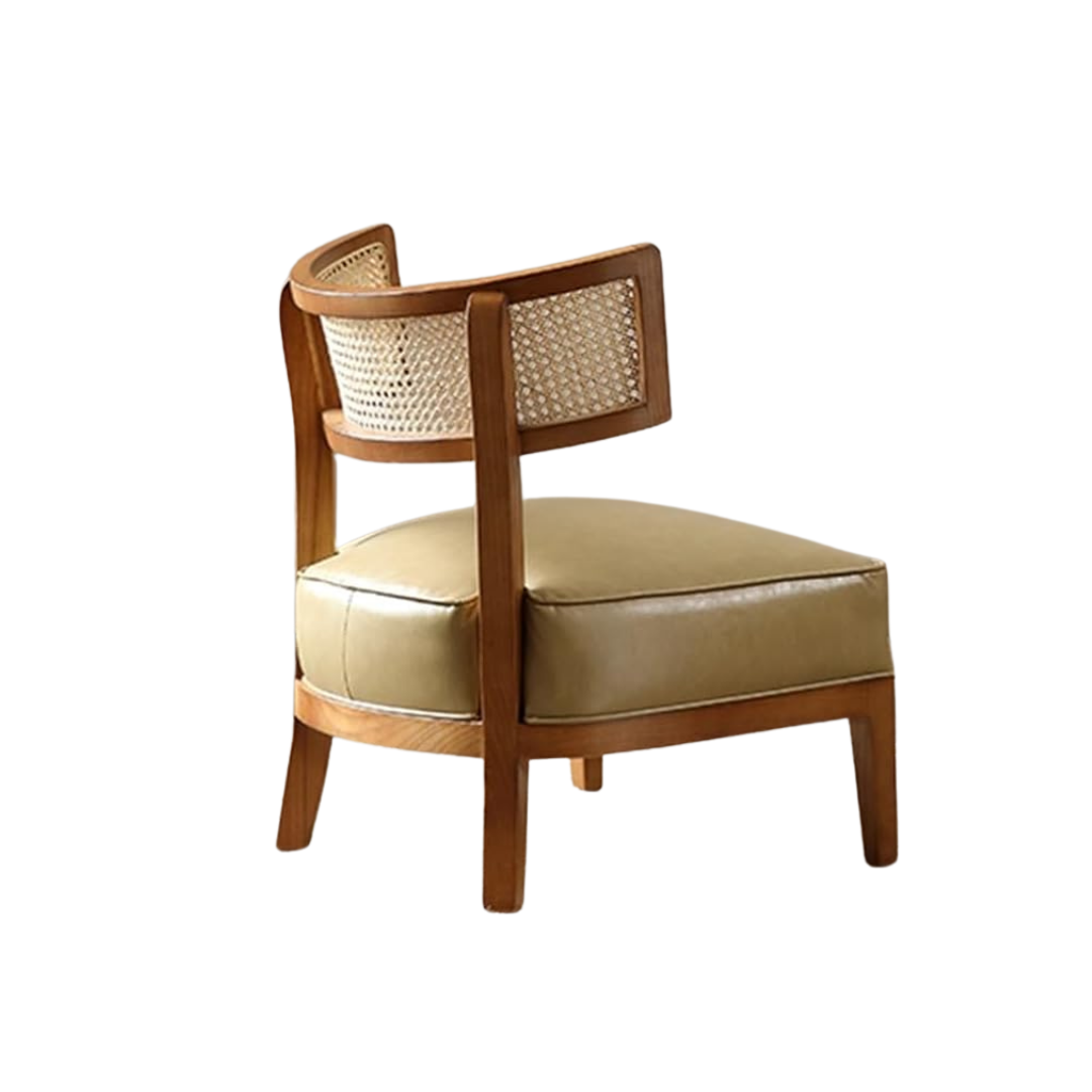 Natural Rattan Low Back Leather Beige Lounge Accent Chair