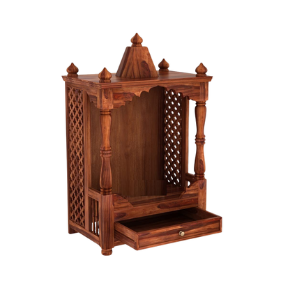 Elegant antique wooden temple with solid wood finish, carved pillars, storage drawer, and traditional home mandir design.