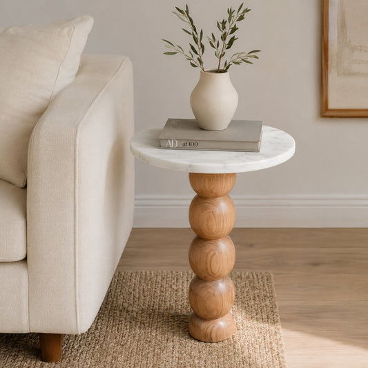 Modern Marble Top Accent Side Table with Sculpted Wooden Pedestal