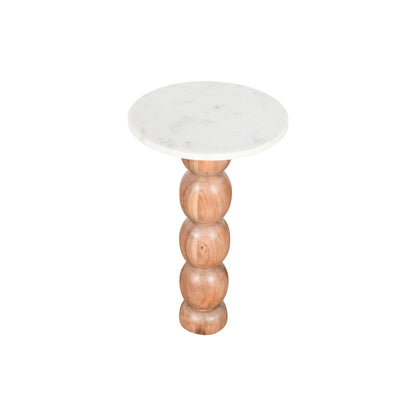 Modern Marble Top Accent Side Table with Sculpted Wooden Pedestal