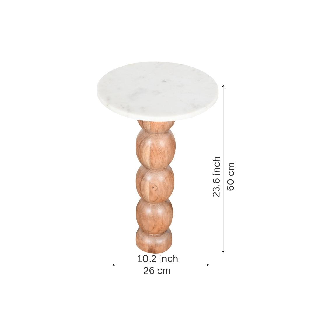 Modern Marble Top Accent Side Table with Sculpted Wooden Pedestal