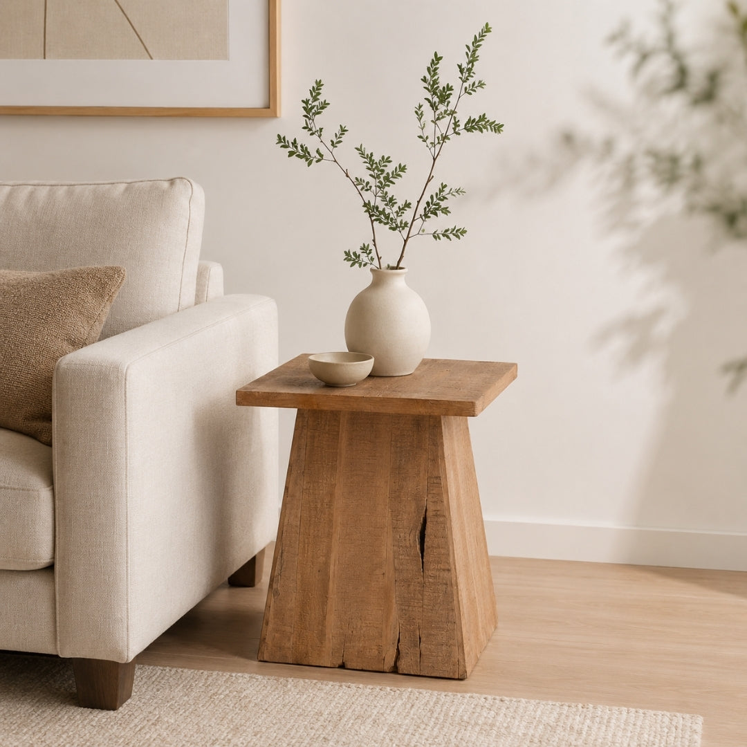 Rustic Solid Wood Pedestal Side Table