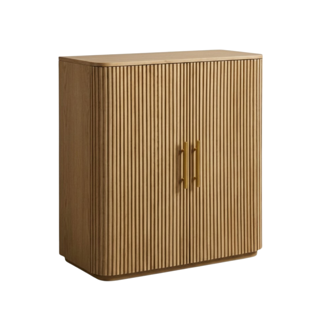 Modern wooden bar cabinet with double doors, bottle storage, wine glass holder, shelves, and home bar storage design.