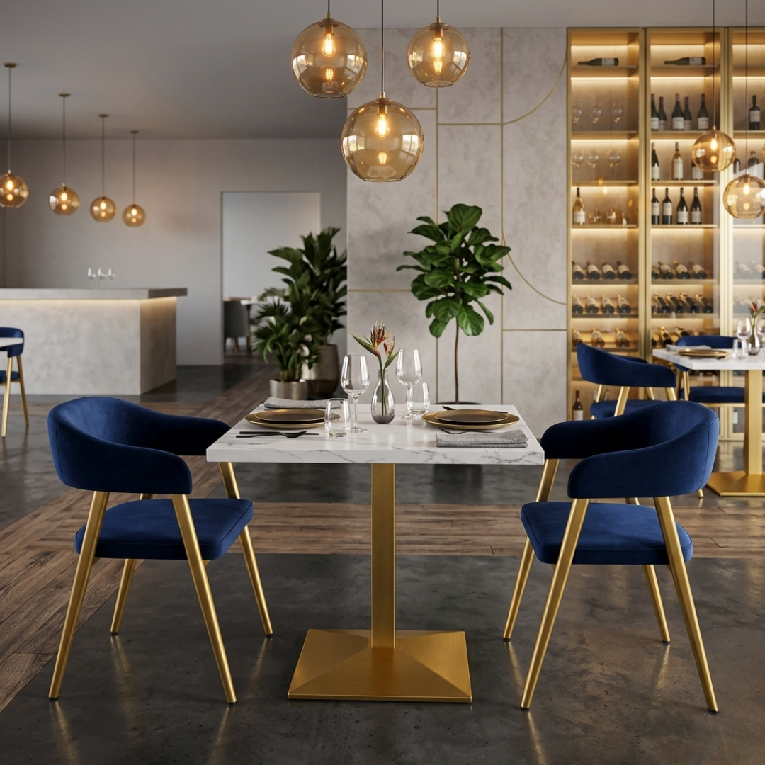 Square White Marble Café Table with Gold Base