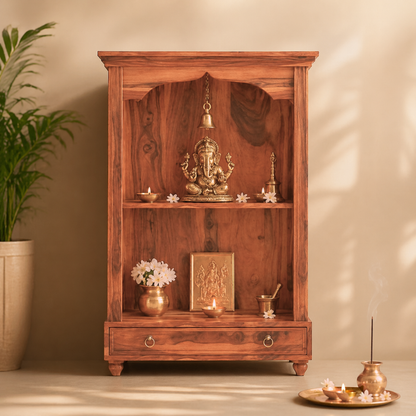 antique wooden temple for home with drawer storage, solid wood mandir with Ganesh idol setup