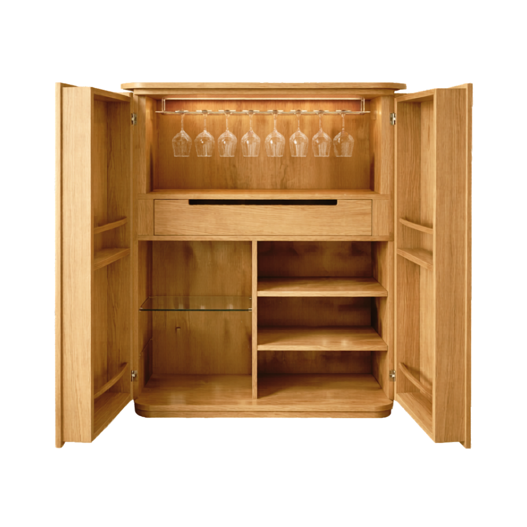 Modern wooden bar cabinet with double doors, bottle storage, wine glass holder, shelves, and home bar storage design.