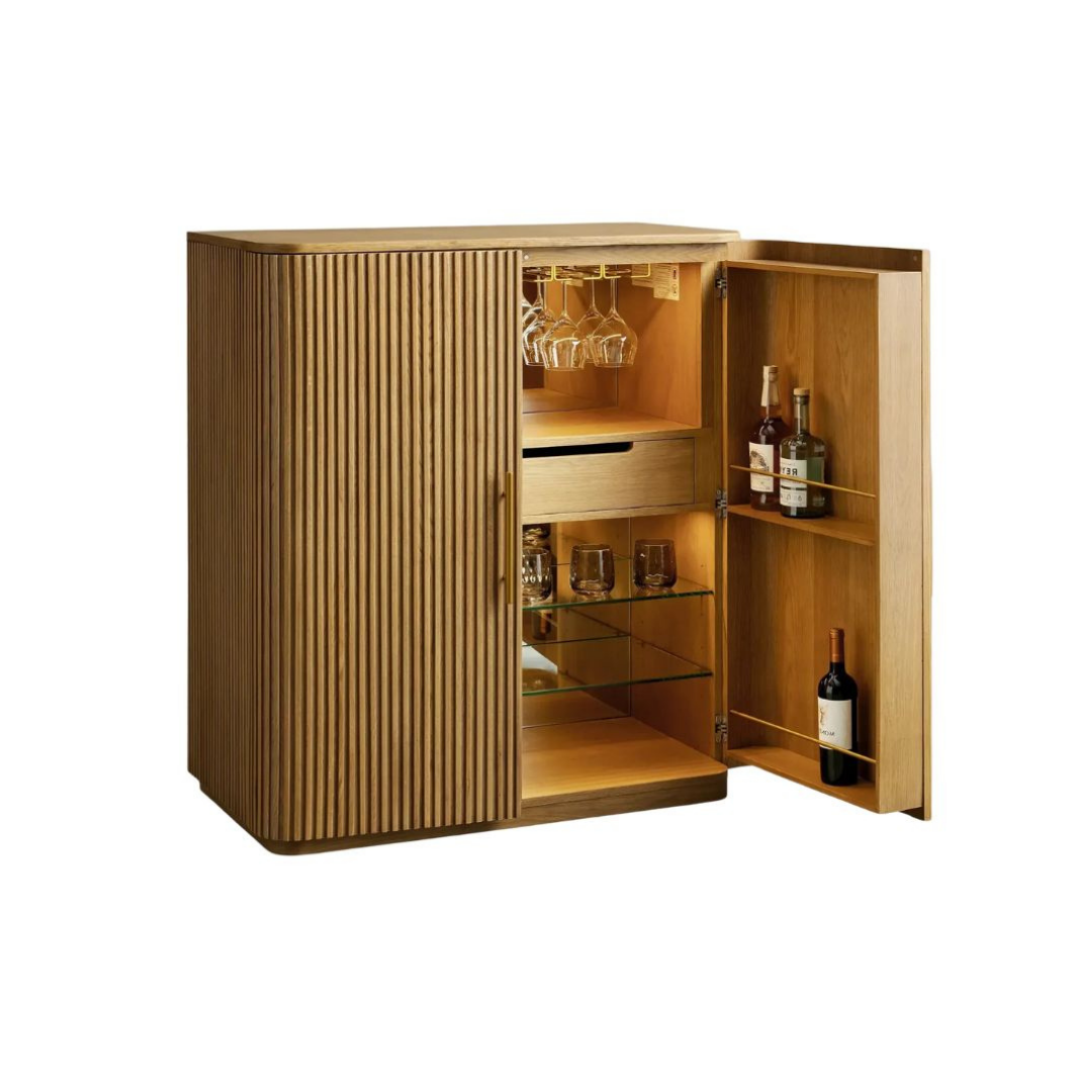 Modern wooden bar cabinet with double doors, bottle storage, wine glass holder, shelves, and home bar storage design.