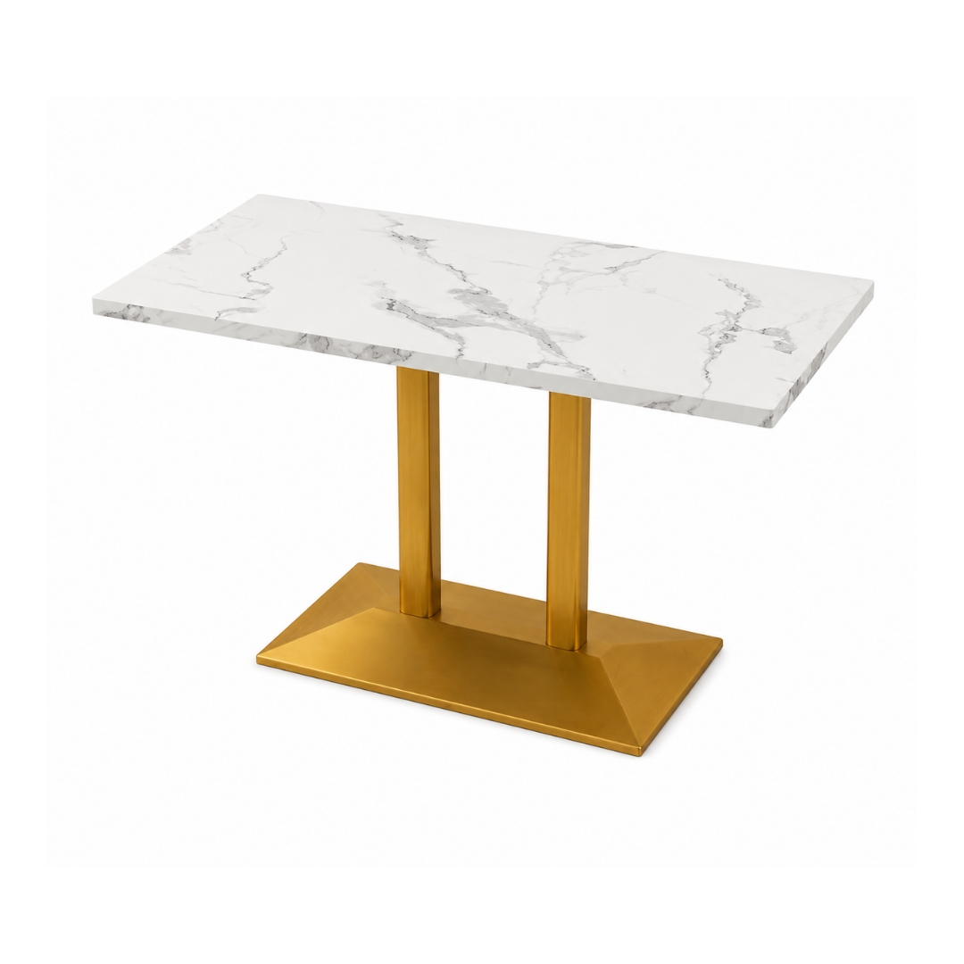 Rectangular White Marble Dining Table with Gold Double Base