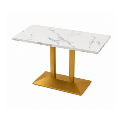 Rectangular White Marble Dining Table with Gold Double Base