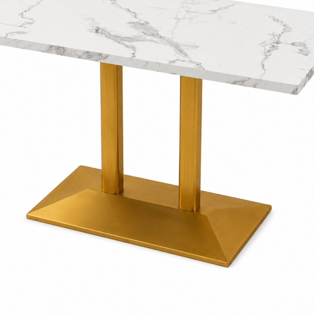 Rectangular White Marble Dining Table with Gold Double Base