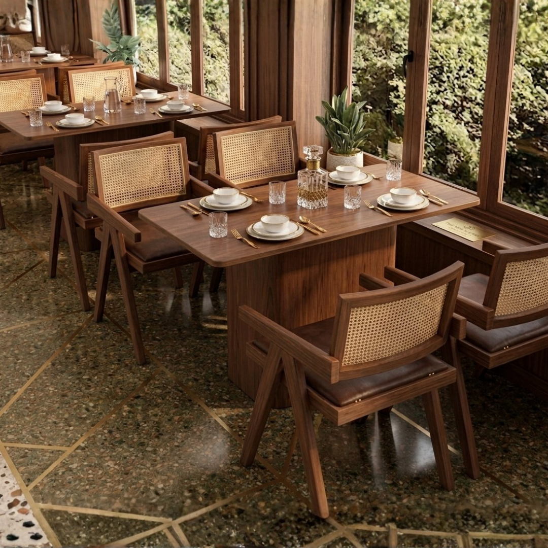 Rectangular Walnut Wood Fluted Pedestal Dining Table