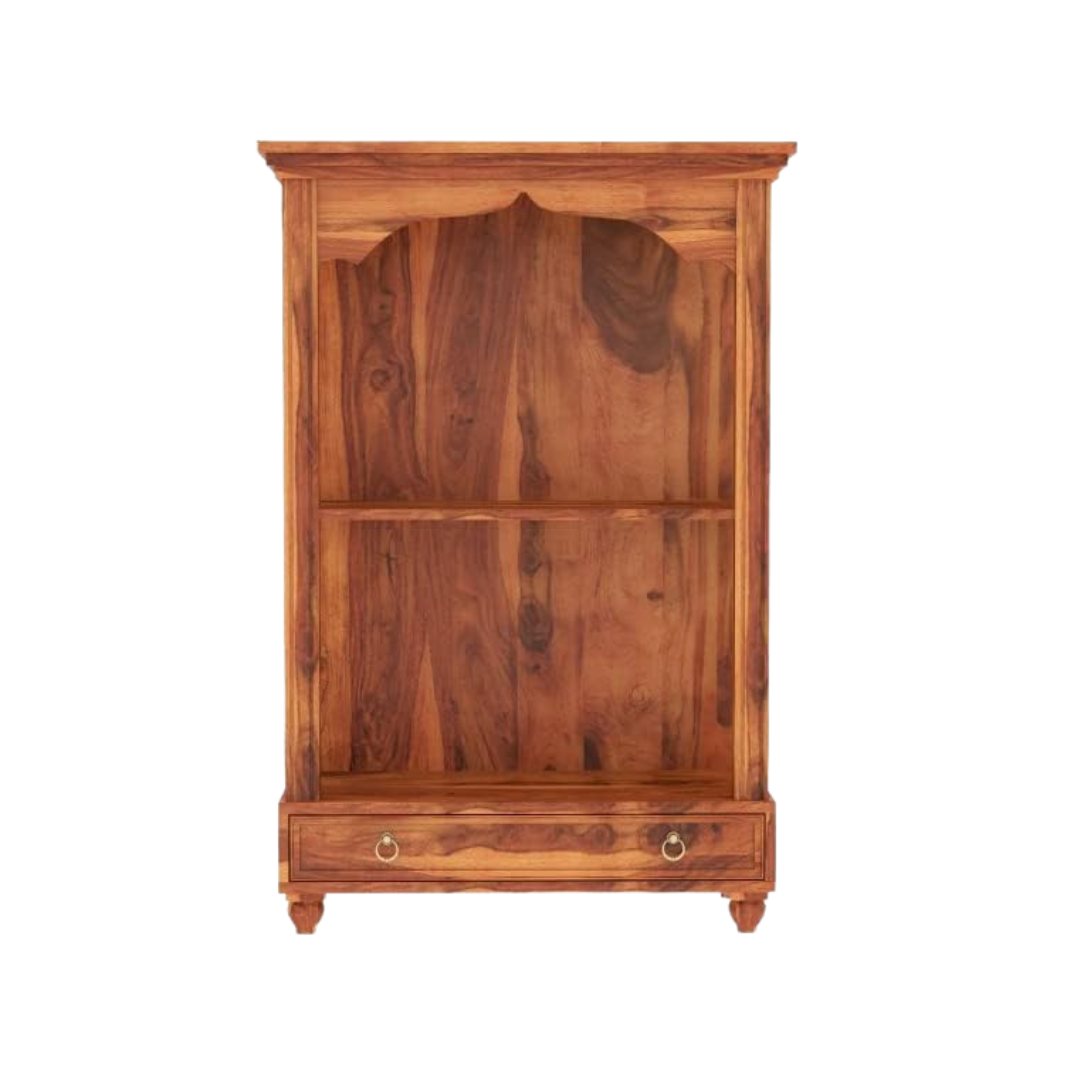 antique wooden temple for home with drawer storage, solid wood mandir with Ganesh idol setup