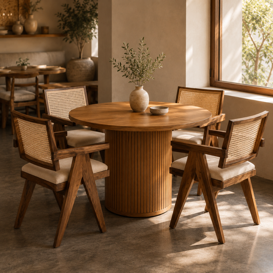 Round Walnut Wood Fluted Pedestal Dining Table