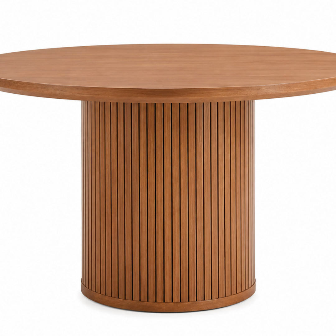 Round Walnut Wood Fluted Pedestal Dining Table